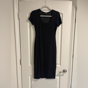 Rachel Zoe Classic Black Midi Ribbed Stretchy Dress